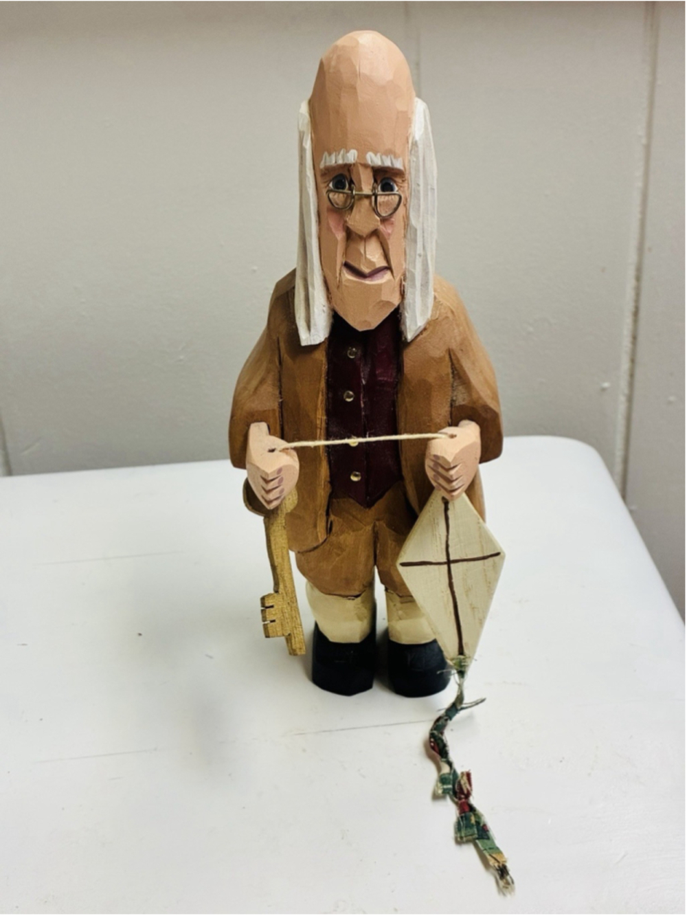 2000 Vintage Folk Art Wood Carved Ben Franklin John & Gloria Broniak 8” SIGNED